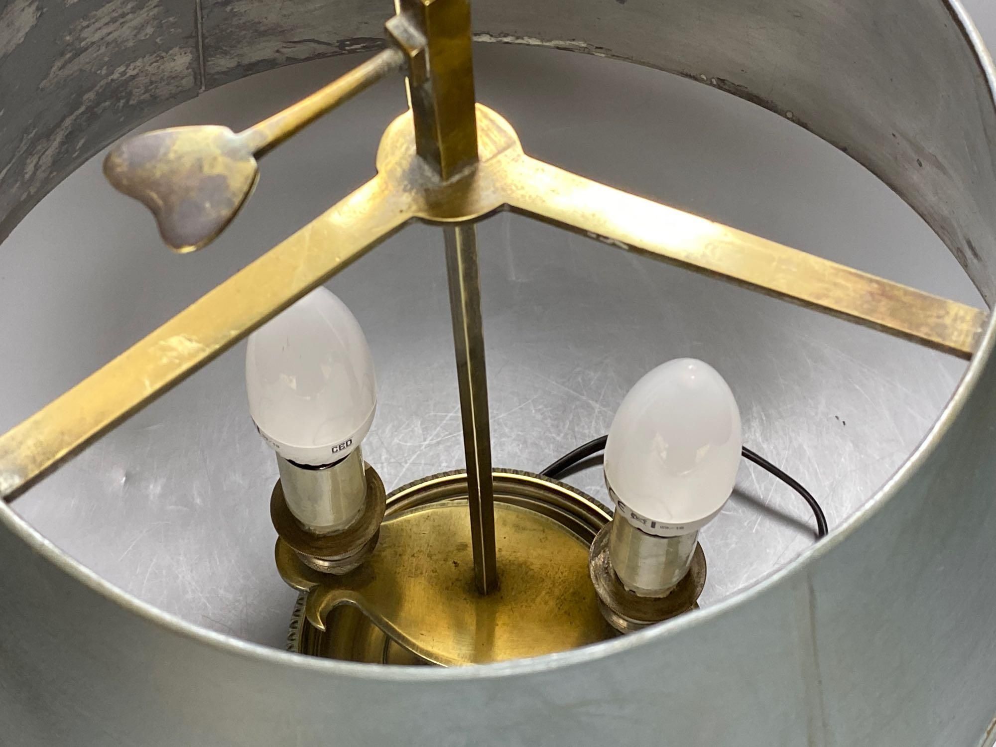 A French silver plated students lamp, with height adjustable painted tin tray, converted to electric